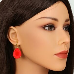 Elegant Pink Teardrop Dangle Earrings – Gold-Tone Statement - Women's Jewelry